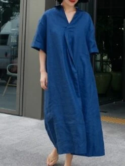Women's Casual Dress Cotton Linen Dress Swing Dress Maxi Long Dress Cotton Blend Basic Casual Outdoor Daily V Neck Pocket 3/4 Length Sleeve Summer Spring Fall 2023 Loose Fit Blue Green Apricot Plain