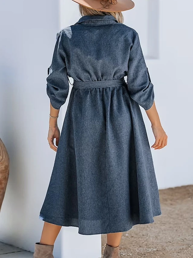 Women's Shirt Dress Casual Dress Midi Dress Outdoor Daily Date Polyester Basic Classic Shirt Collar Lace Up Button Long Sleeve Spring Fall Winter 2023 Loose Fit Navy Blue Pure Color S M L XL 4 Women's Shirt Dress Casual Dress Midi Dress Outdoor Daily Date Polyester Basic Classic Shirt Collar Lace Up Button Long Sleeve Spring Fall Winter 2023 Loose Fit Navy Blue Pure Color S M L XL - Image 4