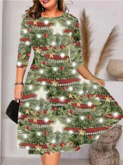 Women‘s Plus Size Christmas Dress Christmas Tree 3/4 Length Sleeve Winter Fall Midi Dress Work Dress -HAYz Clothing Shop qgfkrn1667812106768
