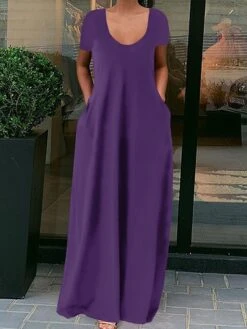 Women's Casual Dress Cotton Linen Dress Long Dress Maxi Dress Polyester Basic Daily Going Out Weekend Crew Neck Short Sleeve Summer Spring 2023 Regular Fit Fluorescent Green Black Yellow Pure Color S -HAYz Clothing Shop qgjrqe1630665987340