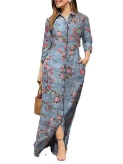 Women's Shirt Dress Casual Dress Shift Dress Maxi Long Dress Winter Dress Daily Holiday Polyester Casual Mature Shirt Collar Button Pocket Long Sleeve Summer Spring Fall 2023 Regular Fit Pink Blue -HAYz Clothing Shop qgstip1657786308635