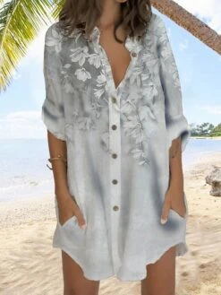 Women's Shirt Dress Casual Dress Shift Dress Mini Dress Outdoor Daily Vacation Polyester Fashion Casual Stand Collar Button Pocket Long Sleeve Summer Spring Fall 2023 Regular Fit Blue Purple Gray -HAYz Clothing Shop qgznol1677232675813