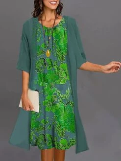 Women's Two Piece Dress Set Casual Dress Print Dress Outdoor Daily Fashion Elegant Print Midi Dress Crew Neck 3/4 Length Sleeve Floral Regular Fit Wine Navy Blue Blue Summer Spring S M L XL XXL -HAYz Clothing Shop qhhmrj1687920844912