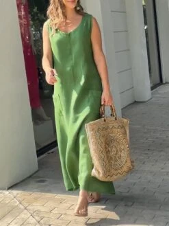 Women's Casual Dress Cotton Linen Dress A Line Dress Maxi Long Dress Linen / Cotton Blend Fashion Basic Outdoor Daily Vacation U Neck Ruched Sleeveless Summer Spring Fall 2023 Loose Fit Light Green