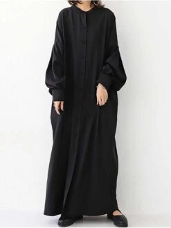 Women's Casual Dress Cotton Linen Dress Abaya Maxi Long Dress Linen / Cotton Blend Basic Classic Outdoor Daily Vacation Crew Neck Button Long Sleeve Spring Fall Winter 2023 Loose Fit Black Apricot -HAYz Clothing Shop qiaaha1692341112908