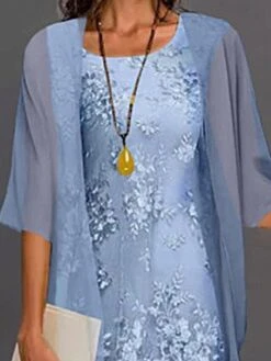 Women's Dress Set Lace Dress Midi Dress Light Blue Green Gray Half Sleeve Floral Embroidered Layered Patchwork Summer Spring Fall Crew Neck Elegant Chinoiserie 2023 M L XL XXL XXXL 4XL 5XL -HAYz Clothing Shop qidowl1644389980989