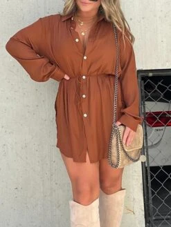 Women's Shirt Dress Casual Dress Mini Dress Outdoor Daily Date Polyester Fashion Casual Shirt Collar Lace Up Button Long Sleeve Fall Winter 2023 Loose Fit ArmyGreen Black Wine Pure Color S M L XL 2XL