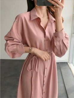 Women's Shirt Dress Casual Dress Cotton Linen Dress Midi Dress Cotton Blend Basic Classic Outdoor Daily Vacation Shirt Collar Button Long Sleeve Spring Fall Autumn 2023 Loose Fit Pink Plain S M L XL -HAYz Clothing Shop qilnpm1693226483456