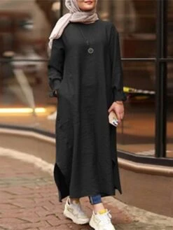 Women's Casual Dress Cotton Linen Dress Abaya Maxi Long Dress Linen / Cotton Blend Classic Casual Outdoor Daily Vacation Crew Neck Pocket Split Long Sleeve Spring Fall Winter 2023 Loose Fit ArmyGreen -HAYz Clothing Shop qionue1692340969370