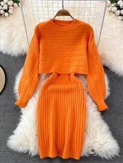 Women's Two Piece Dress Set Casual Dress Sheath Dress Outdoor Daily Fashion Streetwear Ruched Midi Dress Crew Neck Long Sleeve Plain Loose Fit Black White Wine Fall Winter One-Size -HAYz Clothing Shop qiwzil1694057145976