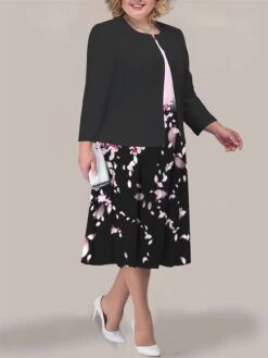 Women's Plus Size Curve Two Piece Dress Set Casual Dress Print Dress Outdoor Office Fashion Streetwear Print Midi Dress Crew Neck Long Sleeve Floral Black Light Green Blue Fall Winter L XL XXL -HAYz Clothing Shop qjcjtx1693295636264