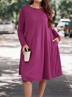 Women's Plus Size Curve Casual Dress Winter Dress T Shirt Dress Tee Dress Solid Color Midi Dress Long Sleeve Pocket Crew Neck Fashion Outdoor Fuchsia Fall Winter XL XXL 3XL