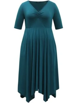 Women's Plus Size Curve Casual Dress Swing Dress A Line Dress Plain Midi Dress Half Sleeve Ruched Pocket V Neck Fashion Daily Dark Green Spring Fall L XL 2XL 3XL 4XL -HAYz Clothing Shop qjojeh1697164739342