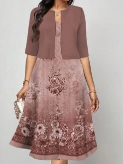 Women's Two Piece Dress Set Casual Dress Print Dress Outdoor Daily Fashion Elegant Print Midi Dress V Neck Half Sleeve Floral Regular Fit Blue Fuchsia Green Fall Winter S M L XL XXL -HAYz Clothing Shop qjozof1693214100921