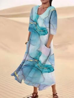 Women's Casual Dress Cotton Linen Dress Midi Dress Polyester Fashion Casual Daily Outdoor Daily Vacation Crew Neck Pocket Print Half Sleeve Summer Spring Fall 2023 Loose Fit Yellow Dark Pink Navy Blue -HAYz Clothing Shop qjpfeo1690365971663