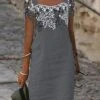 Women's Casual Dress Cotton Linen Dress Shift Dress Midi Dress Cotton Blend Fashion Modern Outdoor Daily Vacation Square Neck Lace Short Sleeve Summer Spring 2023 Regular Fit Black White Gray Leaf S