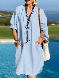 Women's Shirt Dress Cotton Linen Dress Casual Dress Midi Dress Linen Cotton Blend Casual Outdoor Daily Vacation V Neck Pocket Long Sleeve Summer Spring Fall 2023 Loose Fit Black Sky Blue Brown Pure