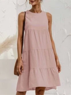 Women's Casual Dress Cotton Linen Dress A Line Dress Mini Dress Cotton Blend Basic Casual Outdoor Daily Crew Neck Ruched Sleeveless Summer Spring 2023 Regular Fit Light Blue ArmyGreen Black Pure Color -HAYz Clothing Shop qkpocf1678780280693