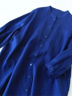 Women's Shirt Dress Casual Dress Cotton Linen Dress Midi Dress Linen / Cotton Blend Basic Classic Outdoor Daily Vacation Stand Collar Button 3/4 Length Sleeve Spring Fall Autumn 2023 Loose Fit Blue -HAYz Clothing Shop qkxget1693967791464