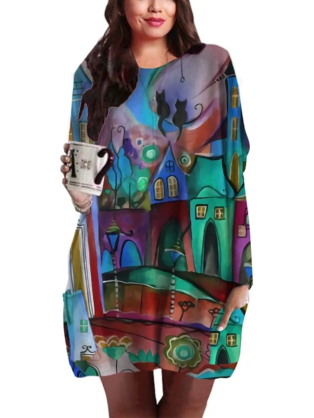 Women‘s Plus Size Curve Holiday Dress Graphic Crew Neck Print Long Sleeve Fall Spring Basic Short Mini Dress Casual Daily DressRegular Fit 2 Women‘s Plus Size Curve Holiday Dress Graphic Crew Neck Print Long Sleeve Fall Spring Basic Short Mini Dress Casual Daily DressRegular Fit - Image 2