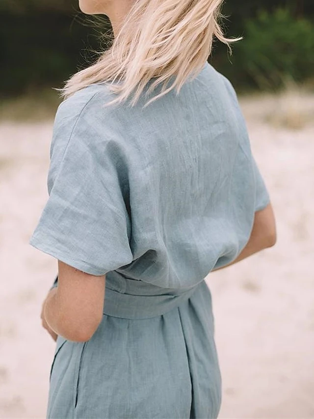 Women's Casual Dress Cotton Linen Dress Wrap Dress Midi Dress Linen / Cotton Blend Fashion Classic Style Outdoor Daily Holiday V Neck Lace Up Pocket Short Sleeve Fall Winter Autumn 2023 Loose Fit 3 Women's Casual Dress Cotton Linen Dress Wrap Dress Midi Dress Linen / Cotton Blend Fashion Classic Style Outdoor Daily Holiday V Neck Lace Up Pocket Short Sleeve Fall Winter Autumn 2023 Loose Fit - Image 3
