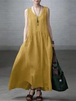 Women's Casual Dress Cotton Linen Dress A Line Dress Maxi Long Dress Cotton Blend Basic Modern Outdoor Daily V Neck Pocket Sleeveless Summer Spring 2023 Regular Fit ArmyGreen Black Yellow Pure Color -HAYz Clothing Shop qluwfx1682427096742