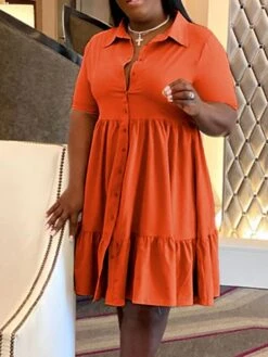 Women‘s Plus Size Curve Shirt Dress Solid Color Shirt Collar Ruffle Half Sleeve Spring Summer Casual Knee Length Dress Daily Holiday Dress -HAYz Clothing Shop qlzvlb1656491037447