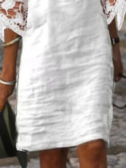 Women's Cotton Linen Dress Casual Dress Shift Dress Midi Dress Cotton Blend Fashion Modern Outdoor Daily Vacation V Neck Lace 3/4 Length Sleeve Summer Spring Fall 2023 Loose Fit White Plain S M L XL -HAYz Clothing Shop qmckji1678949794958