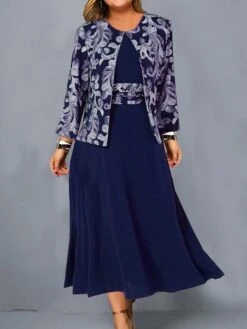 Women‘s Plus Size Curve Dress Set Print Crew Neck Long Sleeve Spring Fall Elegant Maxi Long Dress Formal Party Dress -HAYz Clothing Shop qmgvia1665574551392