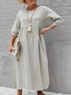 Women's Casual Dress Cotton Linen Dress Swing Dress Midi Dress White Pink Brown Half Sleeve Pure Color Ruched Fall Winter Autumn Crew Neck Casual Loose Fit 2023 S M L XL XXL -HAYz Clothing Shop qmyfsx1651741071962