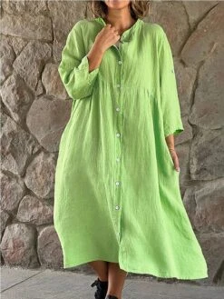 Women's Casual Dress Cotton Linen Dress Swing Dress Midi Dress Cotton Blend Basic Classic Outdoor Daily Vacation Stand Collar Button Pocket 3/4 Length Sleeve Summer Spring Autumn 2023 Loose Fit Black -HAYz Clothing Shop qmzpjv1687849120310