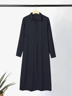 Women's Shirt Dress Casual Dress Cotton Linen Dress Maxi Long Dress Cotton Basic Classic Outdoor Daily Vacation Shirt Collar Button Split Long Sleeve Summer Spring Fall 2023 Loose Fit Wine Navy Blue -HAYz Clothing Shop qmzwzw1690882246034