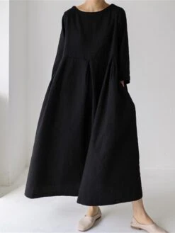 Women's Cotton Linen Dress Casual Dress Swing Dress Maxi Long Dress Cotton Blend Basic Classic Outdoor Daily Crew Neck Pocket Smocked Long Sleeve Summer Spring Fall 2023 Loose Fit Black Yellow Green -HAYz Clothing Shop qnesoi1673850080096