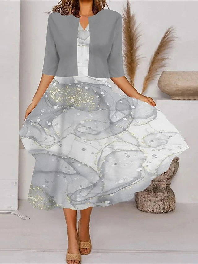 Women's Two Piece Dress Set Casual Dress Tank Dress Outdoor Daily Fashion Streetwear Pocket Print Midi Dress V Neck 3/4 Length Sleeve Geometric Color Block Regular Fit Black White Blue Spring Fall S 6 Women's Two Piece Dress Set Casual Dress Tank Dress Outdoor Daily Fashion Streetwear Pocket Print Midi Dress V Neck 3/4 Length Sleeve Geometric Color Block Regular Fit Black White Blue Spring Fall S - Image 6