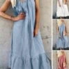 Women's Casual Dress Cotton Linen Dress A Line Dress Midi Dress Cotton Blend Basic Modern Outdoor Daily Vacation Spaghetti Strap Ruffle Sleeveless Summer Spring 2023 Loose Fit White Pink Sky Blue