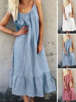 Women's Casual Dress Cotton Linen Dress A Line Dress Midi Dress Cotton Blend Basic Modern Outdoor Daily Vacation Spaghetti Strap Ruffle Sleeveless Summer Spring 2023 Loose Fit White Pink Sky Blue