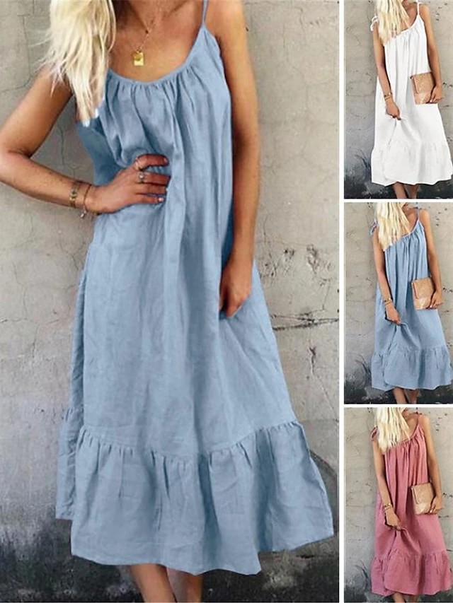 Women's Casual Dress Cotton Linen Dress A Line Dress Midi Dress Cotton Blend Basic Modern Outdoor Daily Vacation Spaghetti Strap Ruffle Sleeveless Summer Spring 2023 Loose Fit White Pink Sky Blue 1 Women's Casual Dress Cotton Linen Dress A Line Dress Midi Dress Cotton Blend Basic Modern Outdoor Daily Vacation Spaghetti Strap Ruffle Sleeveless Summer Spring 2023 Loose Fit White Pink Sky Blue