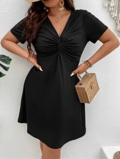 Women's Plus Size Curve Party Dress Cocktail Dress Black Dress Midi Dress Black Short Sleeve Pure Color Knot Front Summer Spring Fall V Neck Fashion Birthday Wedding Guest Vacation 2023 XL XXL 3XL