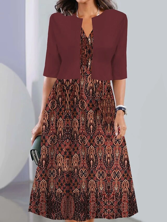 Women's Two Piece Dress Set Casual Dress Tank Dress Outdoor Daily Vintage Casual Pocket Print Midi Dress V Neck 3/4 Length Sleeve Geometric Color Block Regular Fit Black Pink Wine Summer Spring S M L 2 Women's Two Piece Dress Set Casual Dress Tank Dress Outdoor Daily Vintage Casual Pocket Print Midi Dress V Neck 3/4 Length Sleeve Geometric Color Block Regular Fit Black Pink Wine Summer Spring S M L - Image 2