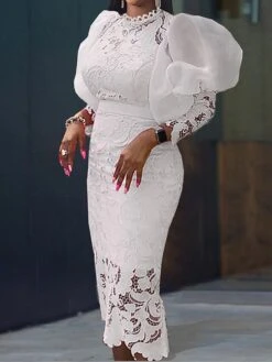 Women‘s Plus Size Curve Party Dress Lace Dress Cocktail Dress Midi Dress White Pink Long Sleeve Pure Color Lace Spring Fall Winter Stand Collar Fashion Wedding Guest Vacation Fall Dress 2023 -HAYz Clothing Shop qosdcj1690946614373