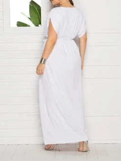 Women's Plus Size Curve Party Dress Sheath Dress Formal Dress Maxi Dress White Wine Royal Blue Short Sleeve Pure Color Lace Up Spring Fall Autumn V Neck Fashion Birthday Wedding Guest Vacation -HAYz Clothing Shop qotaja1692178811210