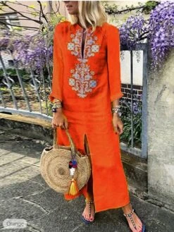 Women's Casual Dress Cotton Linen Dress A Line Dress Maxi Long Dress Cotton Blend Fashion Modern Style Outdoor Daily Vacation V Neck Embroidered Split Long Sleeve Summer Spring Fall 2023 Loose Fit