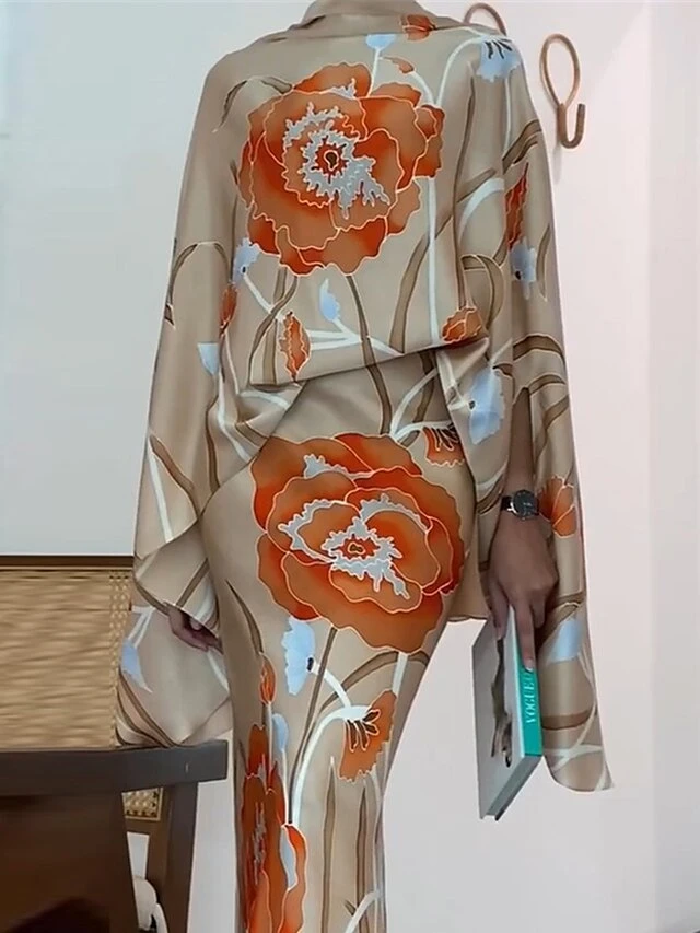 Women's Two Piece Dress Set Casual Dress Skirt Set Outdoor Date Fashion Streetwear Print Long Dress Maxi Dress Stand Collar Long Sleeve Floral Regular Fit Beige Fall S M L XL XXL 2 Women's Two Piece Dress Set Casual Dress Skirt Set Outdoor Date Fashion Streetwear Print Long Dress Maxi Dress Stand Collar Long Sleeve Floral Regular Fit Beige Fall S M L XL XXL - Image 2