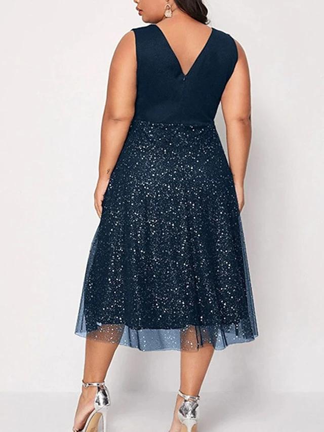 Women‘s Plus Size Curve Party Dress Solid Color V Neck Mesh Sleeveless Spring Fall Elegant Sexy Sequins Prom Dress Midi Dress Formal Party Dress Sequin Dress Homecoming Dress Print 3 Women‘s Plus Size Curve Party Dress Solid Color V Neck Mesh Sleeveless Spring Fall Elegant Sexy Sequins Prom Dress Midi Dress Formal Party Dress Sequin Dress Homecoming Dress Print - Image 3