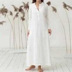 Women's Cotton Dress Pajamas Nightgown Nighty Pure Color Retro Comfort Home Daily Stand Collar Long Sleeve Button Summer Fall Spring White Blue -HAYz Clothing Shop qpkavg1654067373447