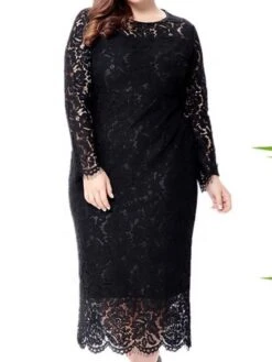 Women‘s Plus Size Curve Party Dress Solid Color Crew Neck Lace Long Sleeve Fall Spring Prom Dress Maxi Long Dress Party Vacation Dress Cotton -HAYz Clothing Shop qplinv1660209284954