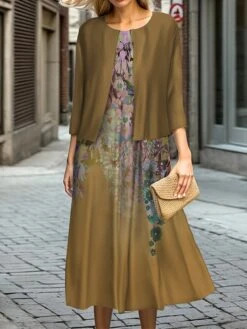 Women's Two Piece Dress Set Casual Dress Swing Dress Outdoor Office Fashion Streetwear Print Midi Dress Crew Neck 3/4 Length Sleeve Floral Regular Fit Blue Brown Green Fall Winter S M L XL XXL -HAYz Clothing Shop qpudde1697187278705
