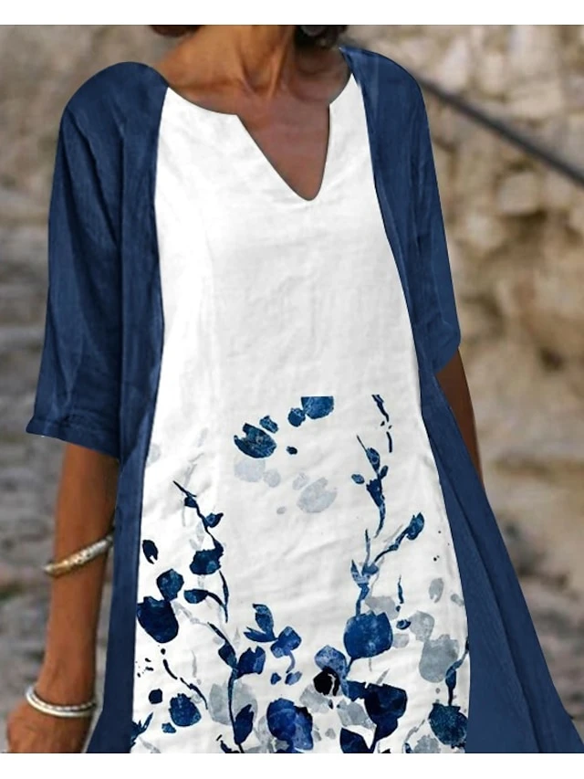Women‘s Dress Set Two Piece Dress A Line Dress Midi Dress Blue Half Sleeve Floral Print Summer Spring V Neck Casual 2023 S M L XL XXL 3XL 2 Women‘s Dress Set Two Piece Dress A Line Dress Midi Dress Blue Half Sleeve Floral Print Summer Spring V Neck Casual 2023 S M L XL XXL 3XL - Image 2