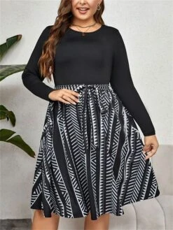 Women's Plus Size Curve Party Dress Winter Dress Black Dress Geometric Midi Dress Long Sleeve Patchwork Bow Crew Neck Fashion Party Black Fall Winter XL XXL 3XL 4XL -HAYz Clothing Shop qpzulo1695103069021