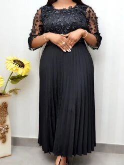 Women‘s Plus Size Curve Party Dress Solid Color Crew Neck Long Sleeve Fall Winter Formal Prom Dress Maxi Long Dress Party Date Dress